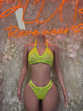 Neon green mesh festival bodysuit set, halter top and high-cut bottom