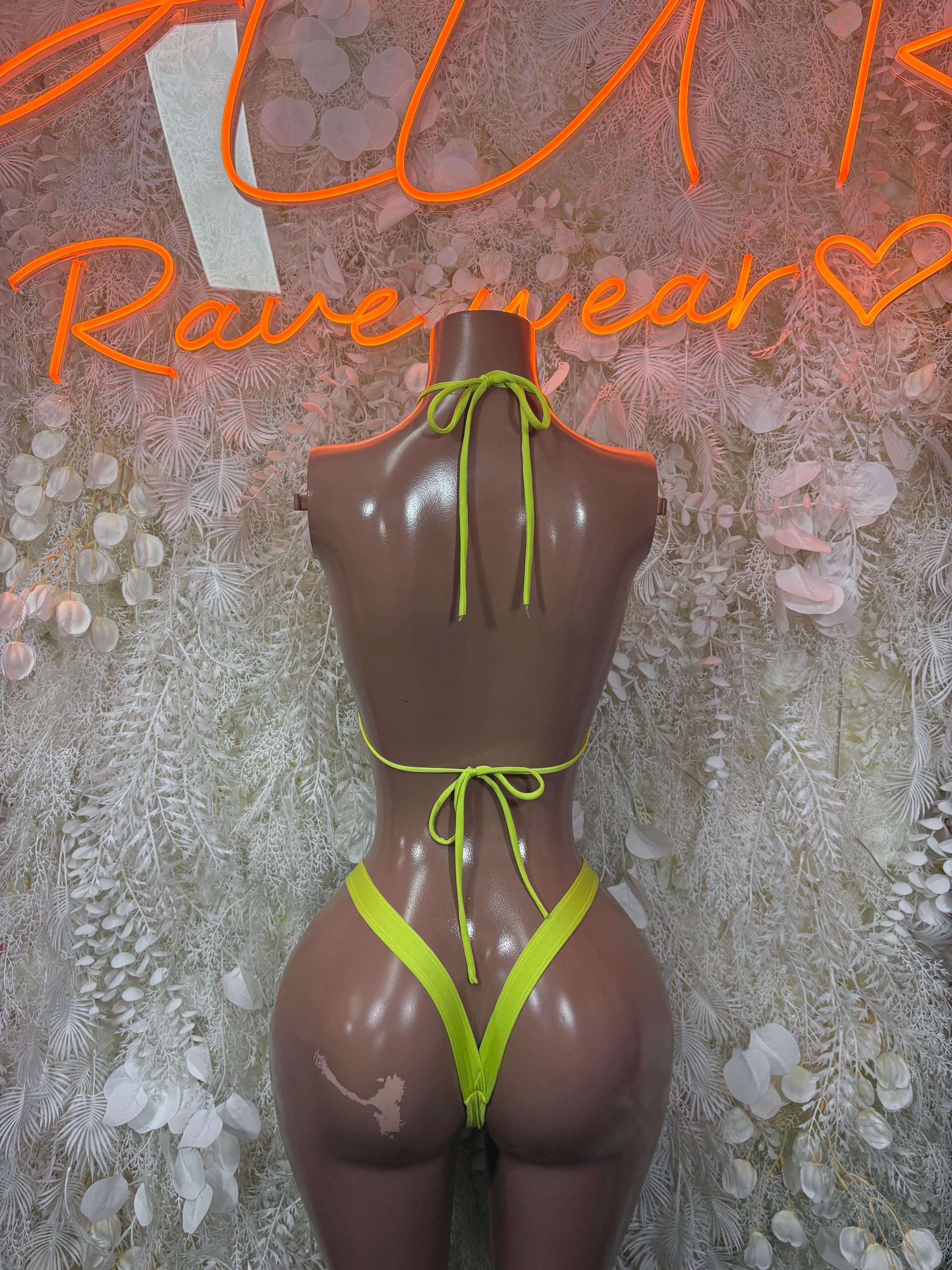 Neon green bikini set with adjustable tie straps at the back and high-leg bottoms