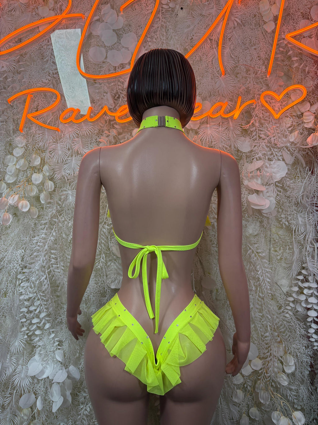 Neon green rave two-piece: halter back ruffle crop top and tie thong bottom
