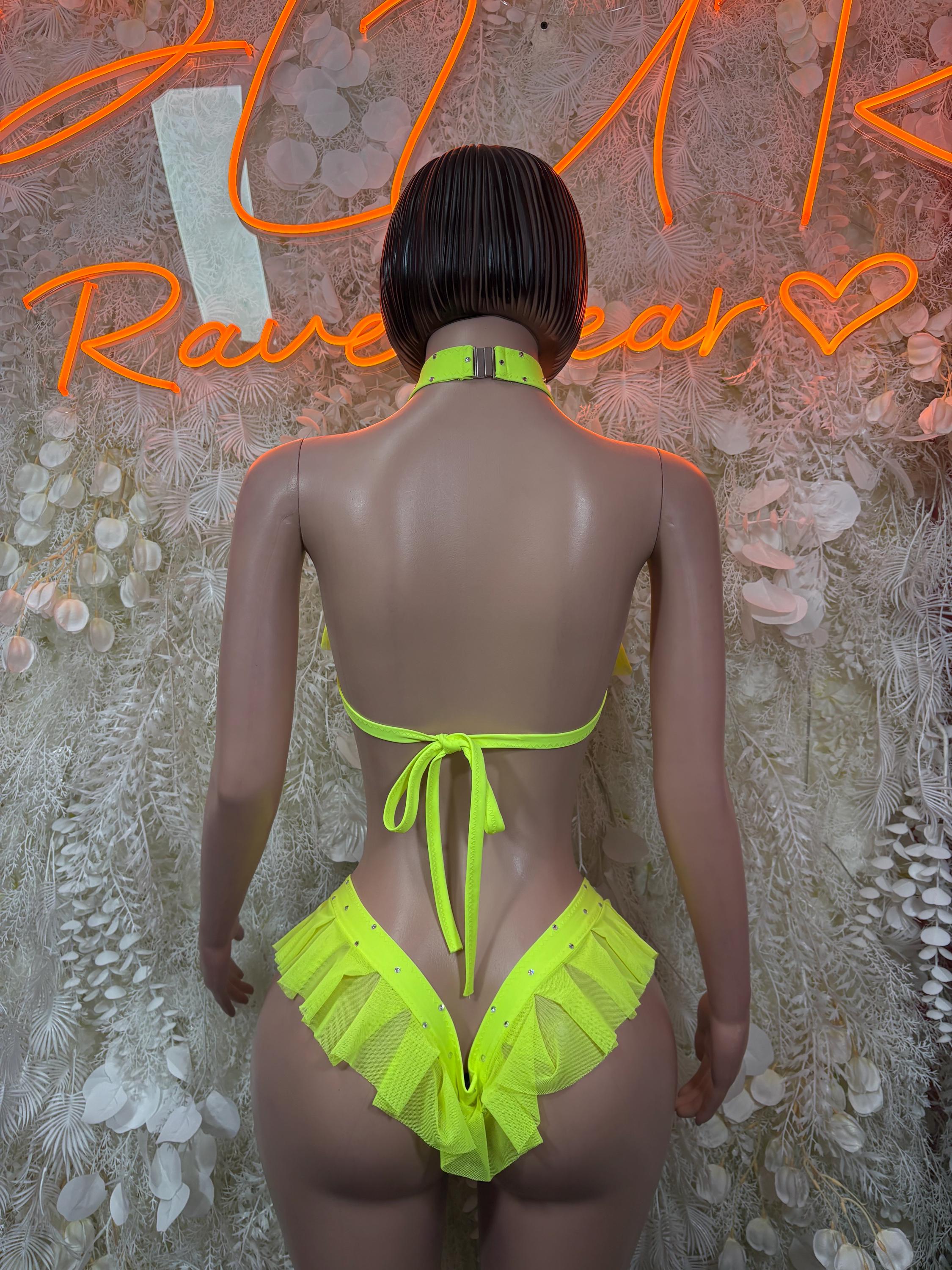 Neon green rave two-piece: halter back ruffle crop top and tie thong bottom