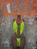Neon green fringe two-piece set on mannequin, tie-back bralette and bikini bottoms