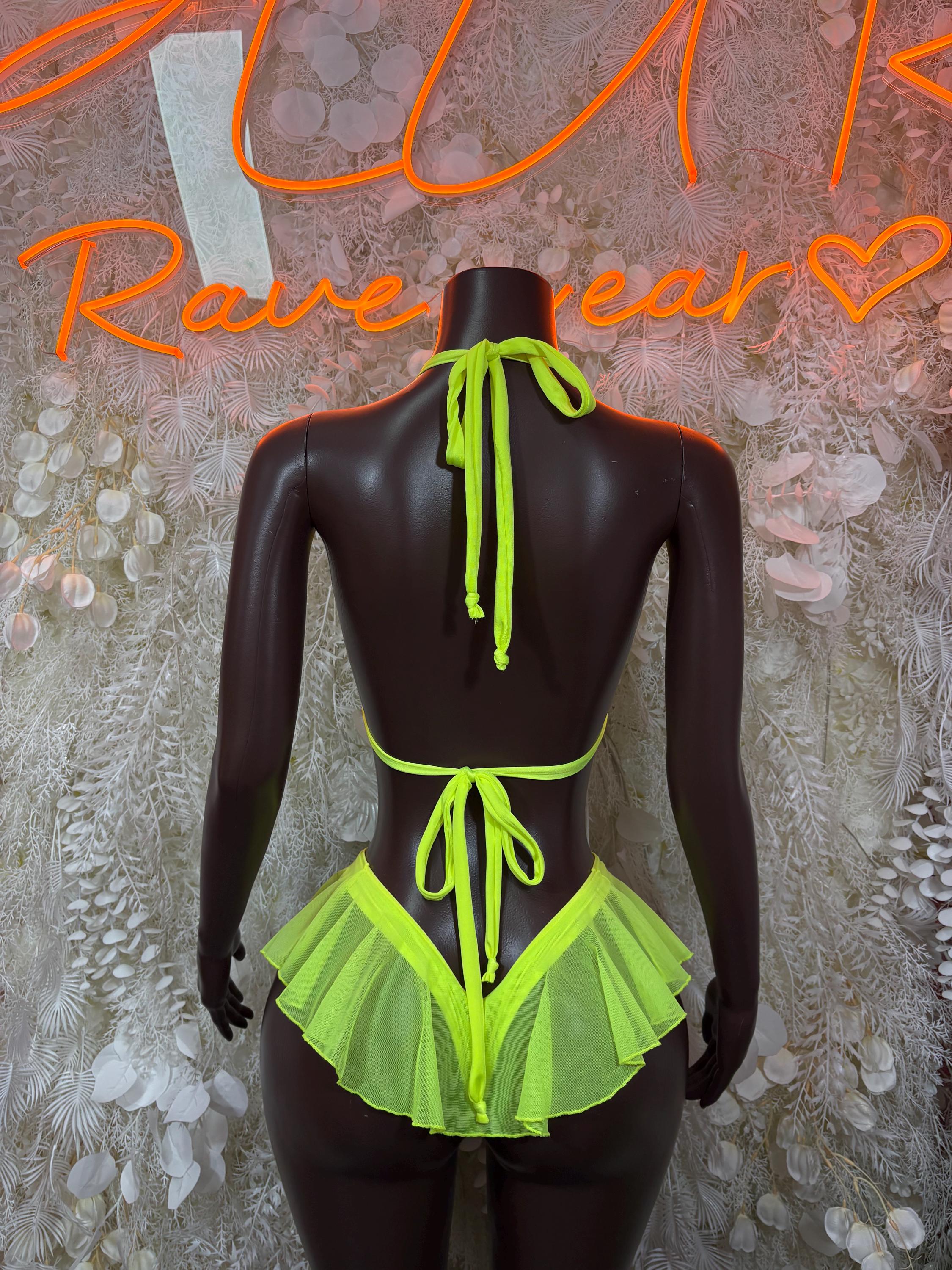 Neon green ruffle bikini set with tie-back halter and layered tiered bottom (back view).