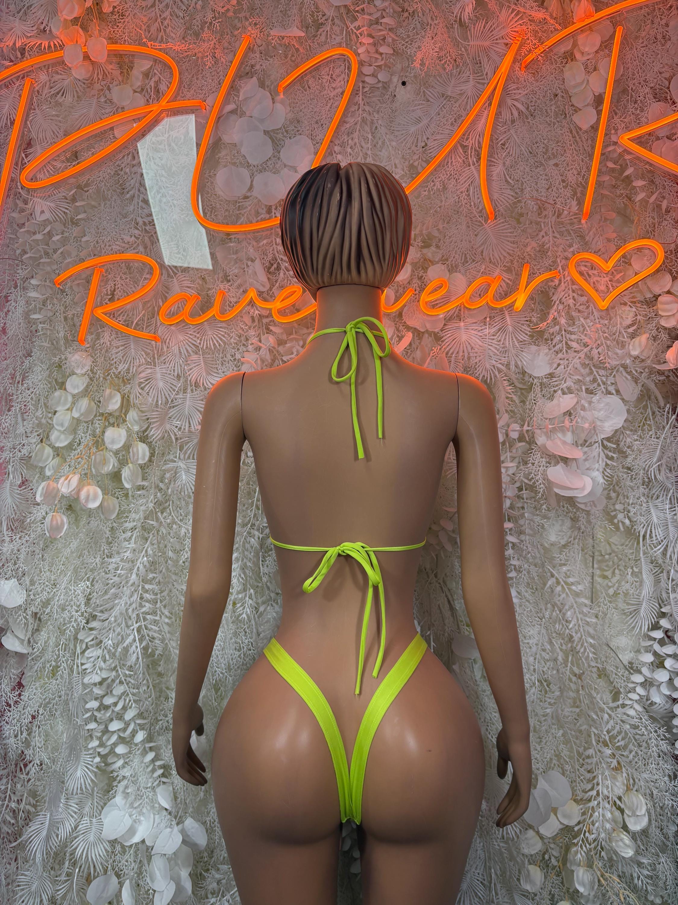 Neon green bikini set, back view, triangle top and tie-string high-cut bottoms