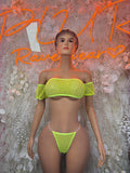 Neon green fishnet bikini set with off-shoulder bandeau top and high-cut bottoms