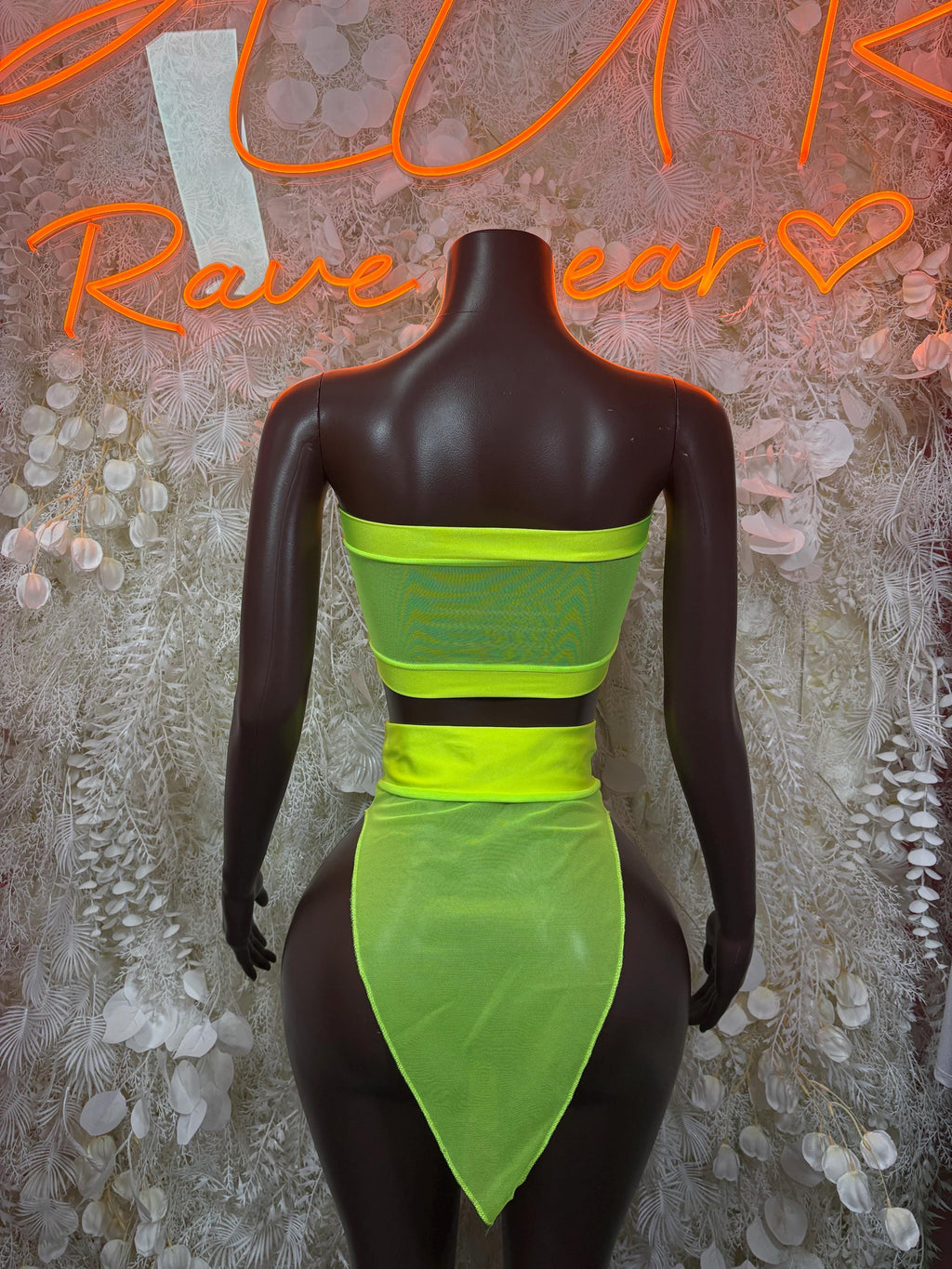 Neon green mesh two-piece set, bandeau back view with triangular bottoms
