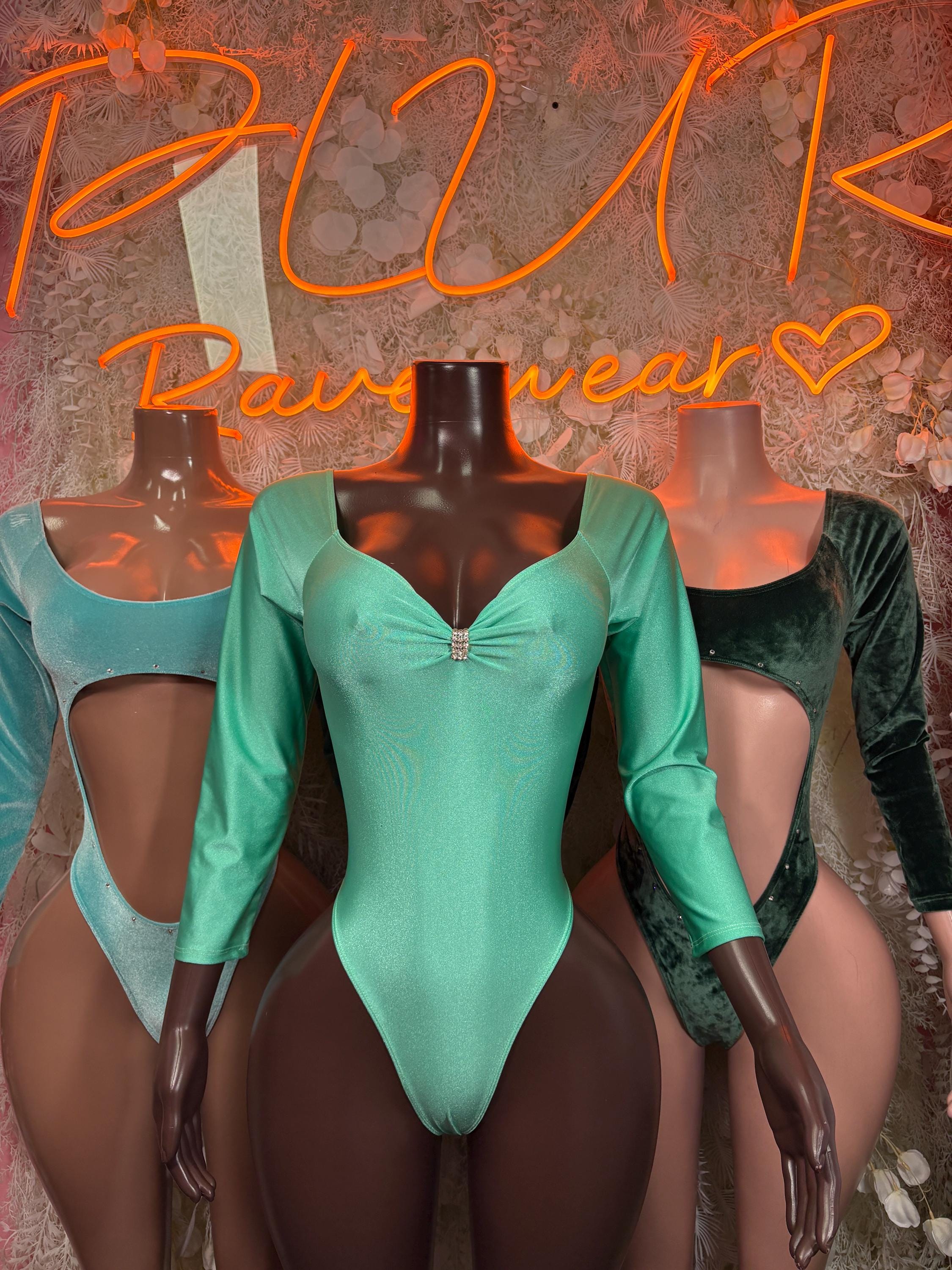 Teal velvet long-sleeve bodysuit with V-neck and high-cut legs