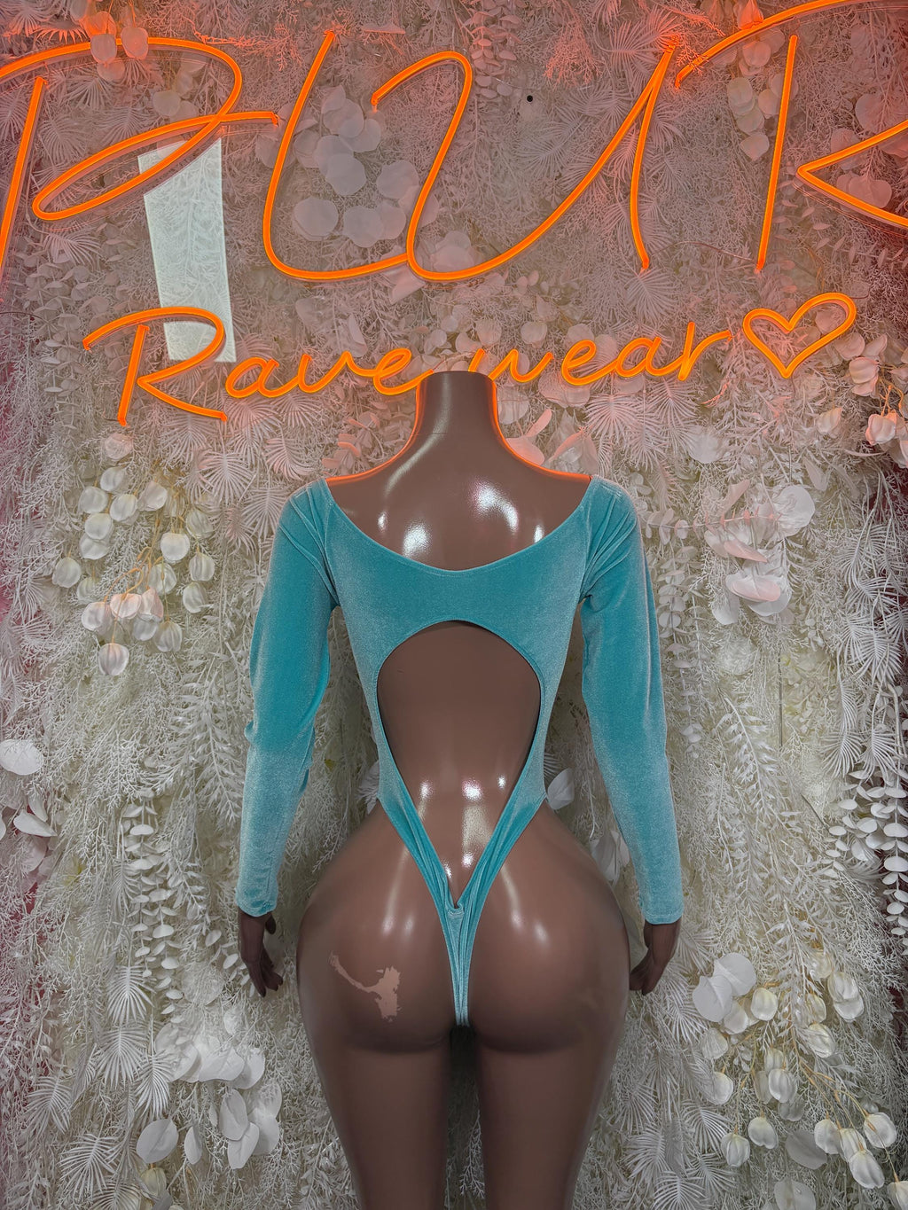 Teal velvet long-sleeve bodysuit with open-back keyhole cutout
