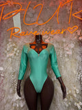 Teal long-sleeve metallic bodysuit with front zipper and high-cut legs