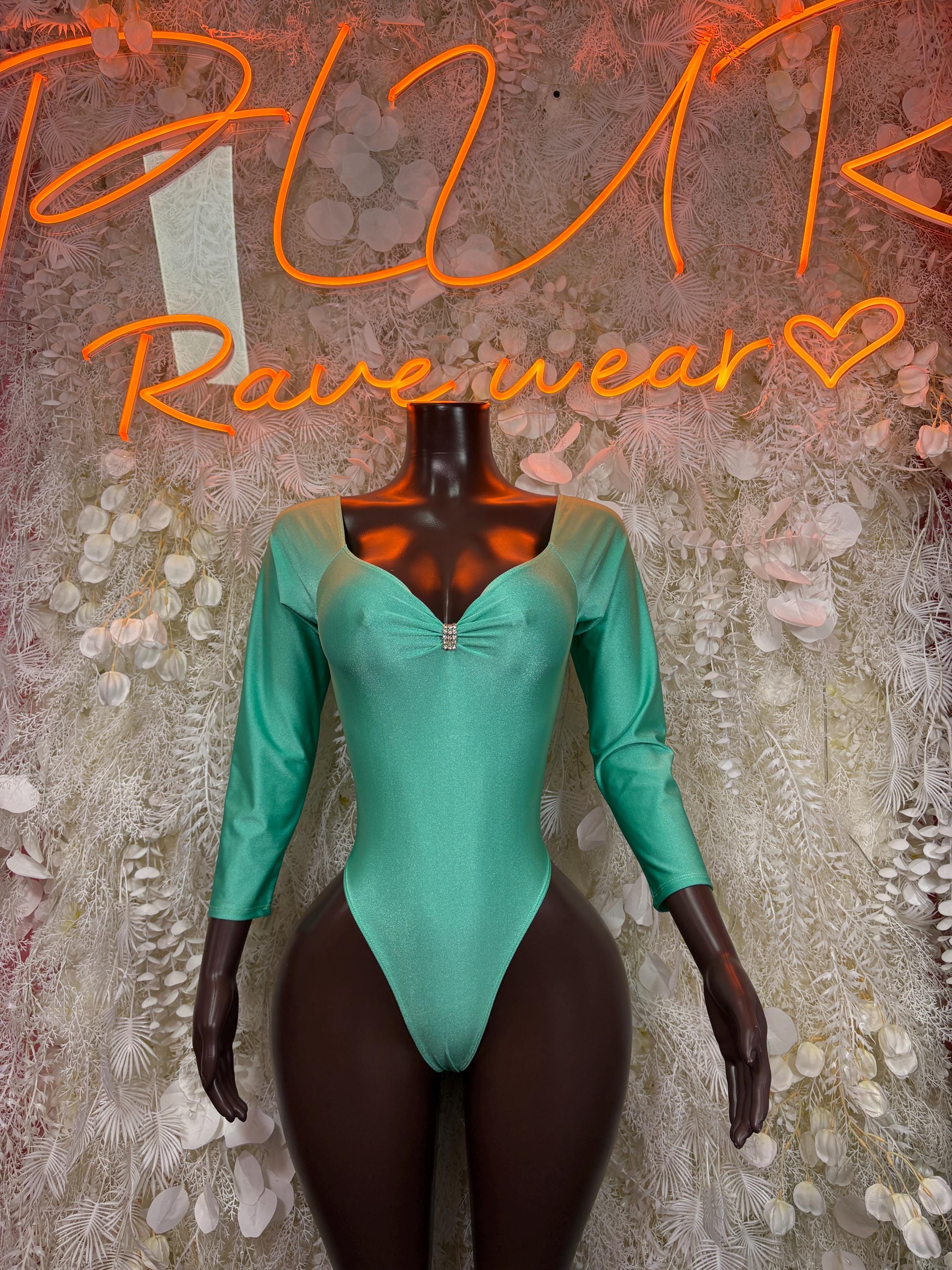 Teal long-sleeve metallic bodysuit with front zipper and high-cut legs