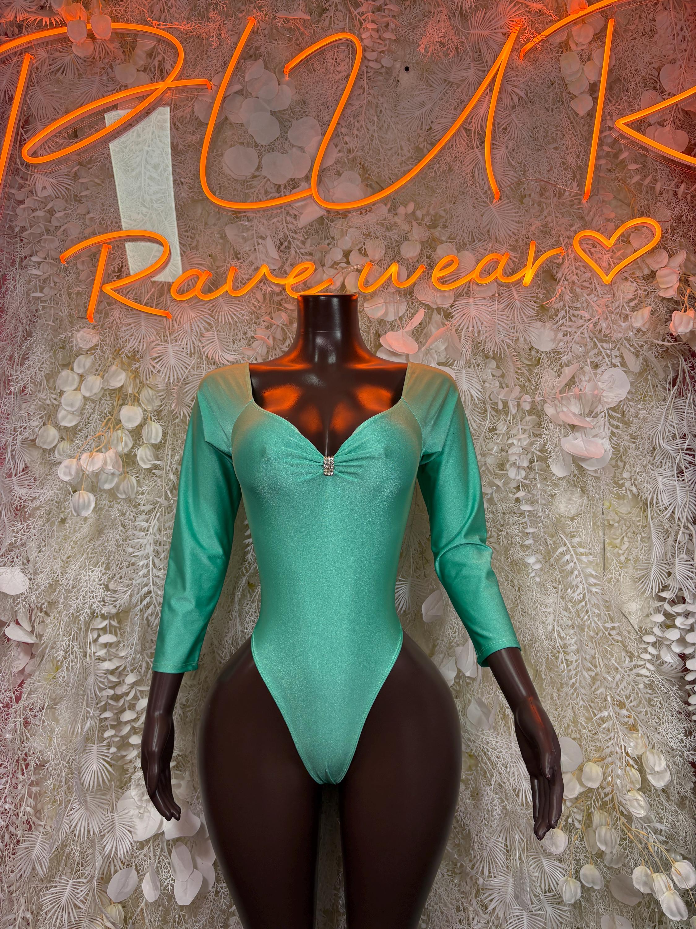 Teal long-sleeve bodysuit with V-neck and center front zipper