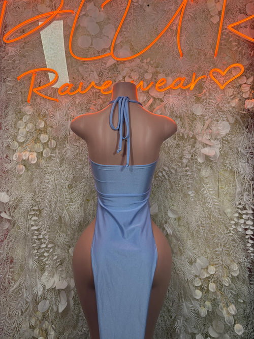 Light blue halter gown, strappy open-back design with tied neck