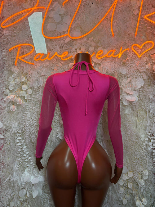 Hot pink leopard print metallic bodysuit with long sleeves and low back tie
