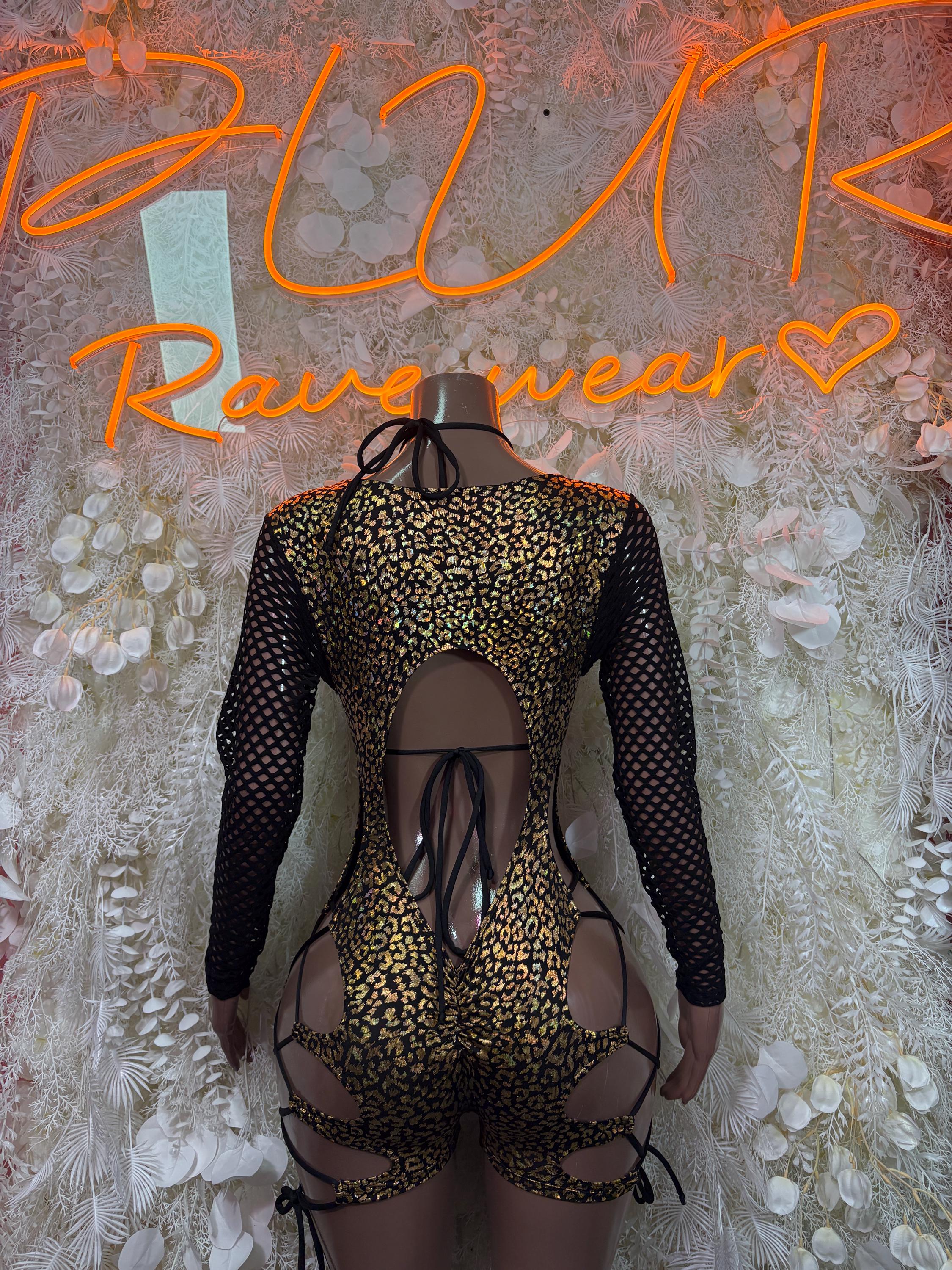 Gold cheetah-print bodysuit with sheer long sleeves and keyhole back, tie waist straps