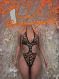 Leopard print one-piece bodysuit with deep V neckline and round cutout front