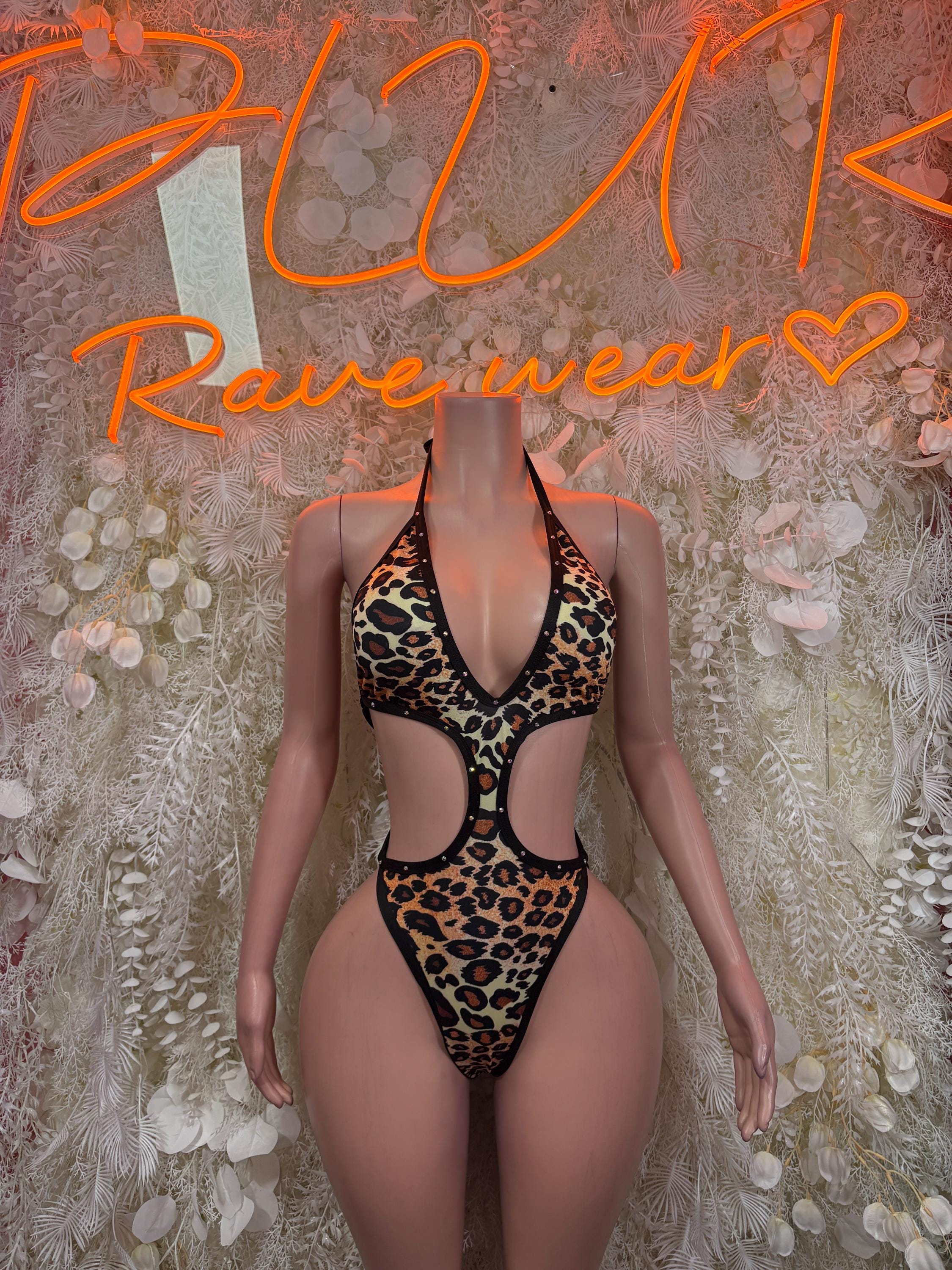 Leopard print one-piece bodysuit with deep V neckline and round cutout front