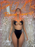 Black two-piece dance bodysuit with jeweled star-dotted bra and high-waist briefs