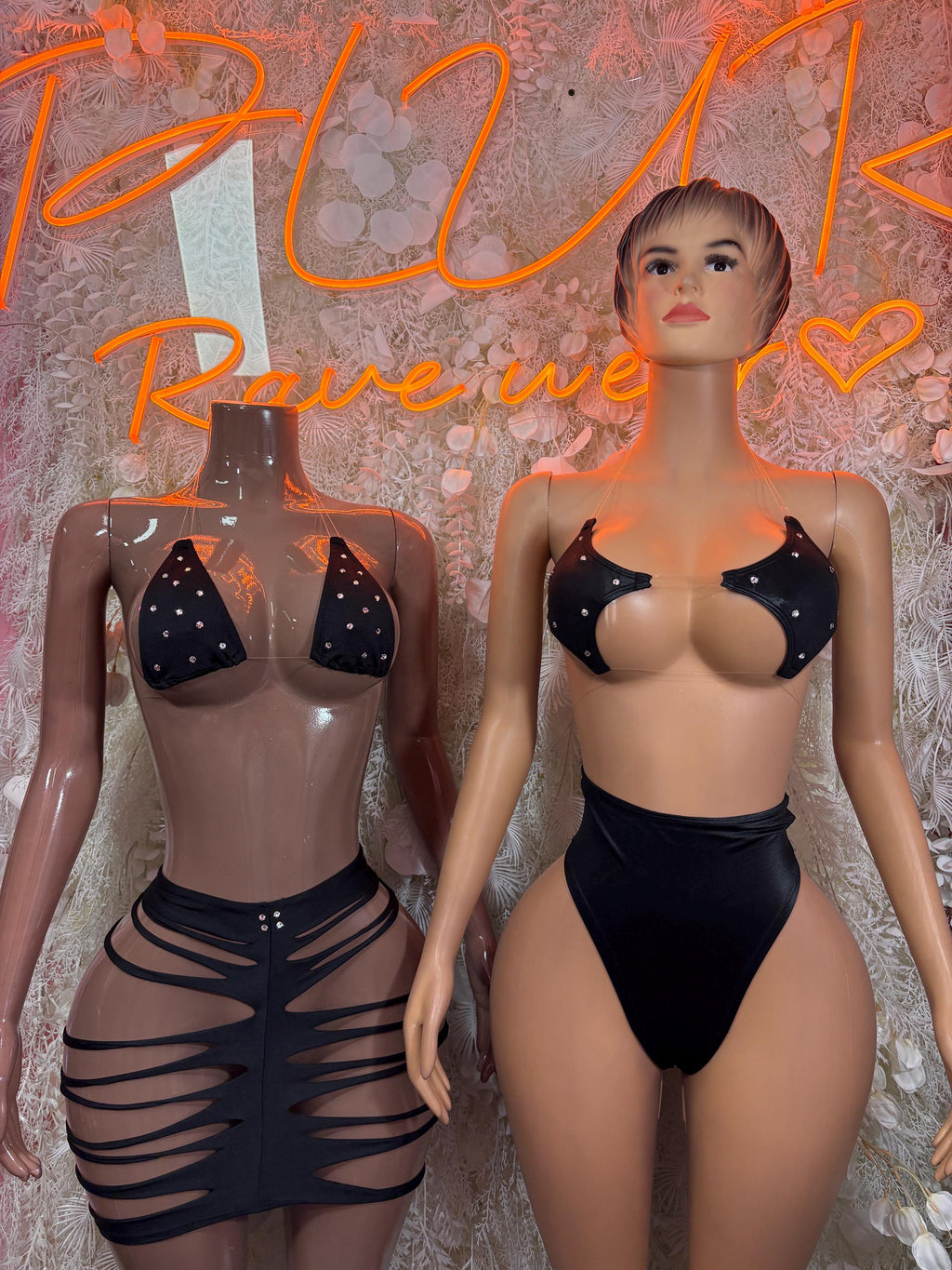 Black two-piece dance bodysuit with star-dotted bra and high-waist briefs, front view