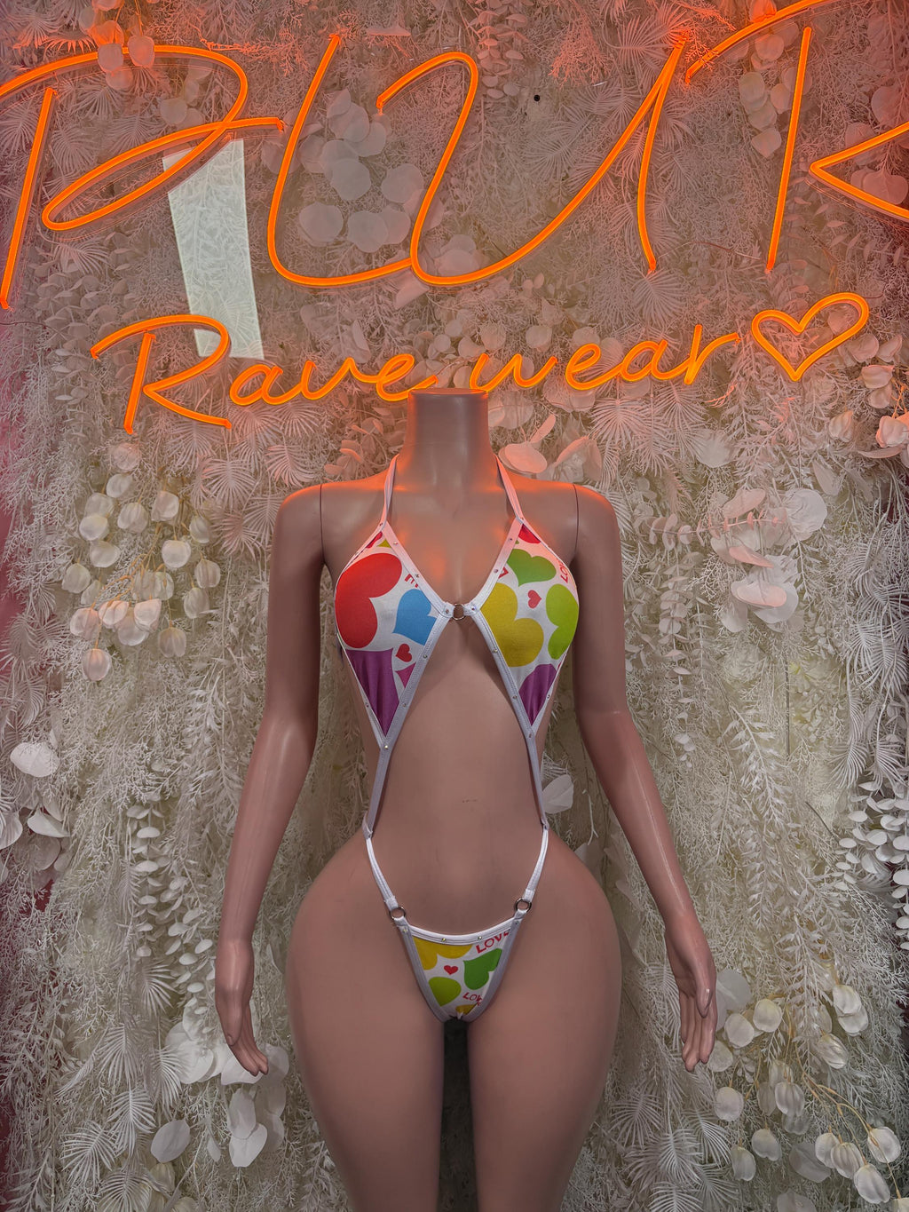 Exotic Dancewear - One Piece Heart Print Slingshot Festival Outfit, EDM Dancewear, Party Clubwear