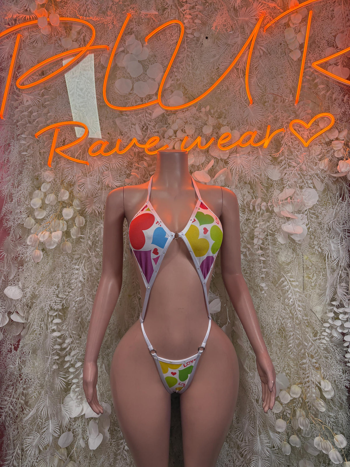 Exotic Dancewear - One Piece Heart Print Slingshot Festival Outfit, EDM Dancewear, Party Clubwear