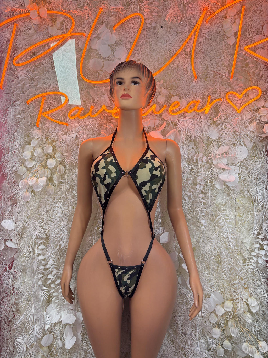 Exotic Dancewear - One Piece Heart Print Slingshot Festival Outfit, EDM Dancewear, Party Clubwear