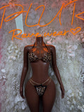 Leopard print two-piece bodysuit with underwire triangle bra and thong bottom, gold chain