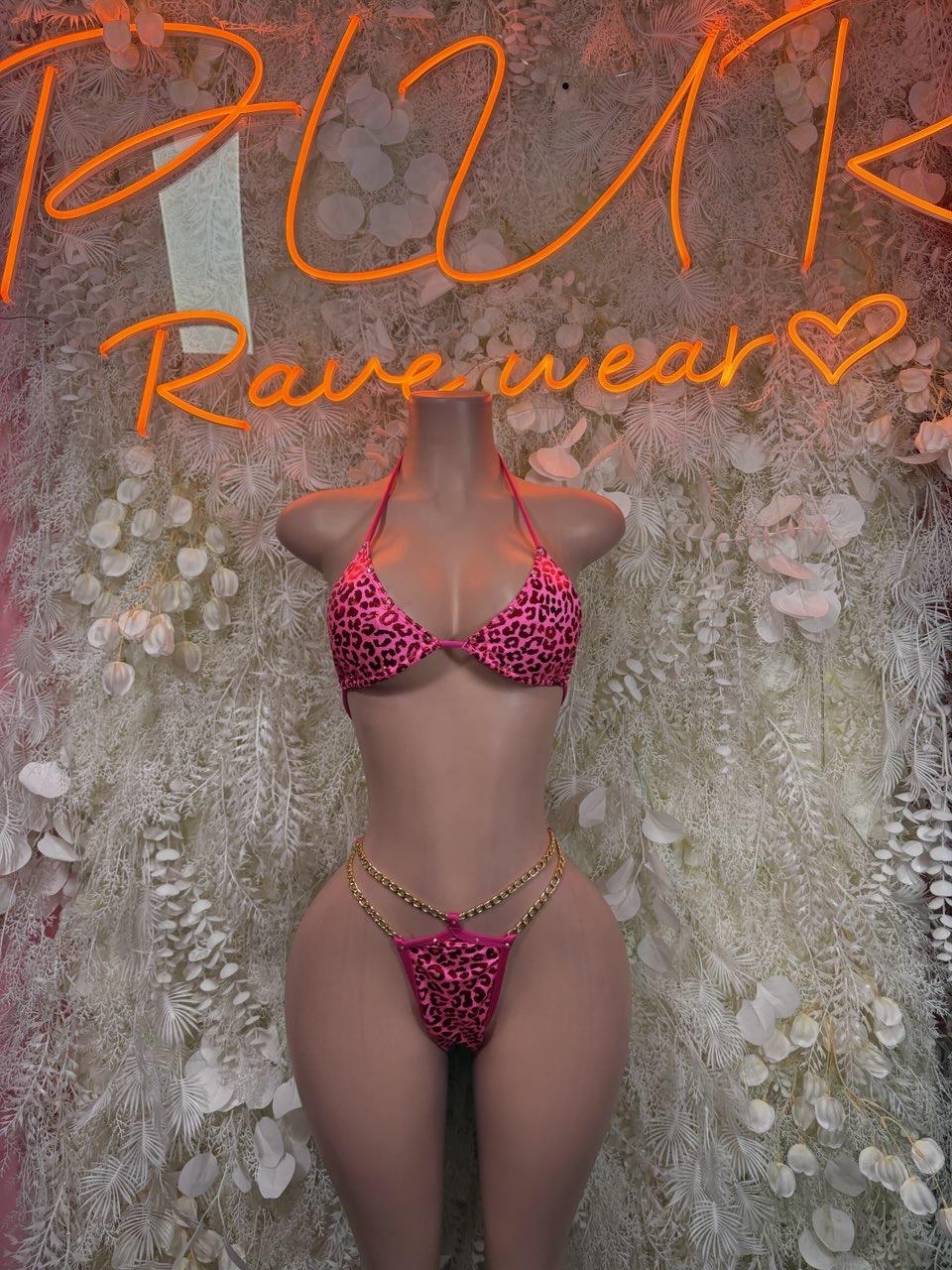 Two-piece cheetah print bodysuit with triangle top and matching thong, pink trim