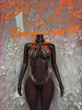 Tiger-print one-piece bodysuit with open front and high-cut legs