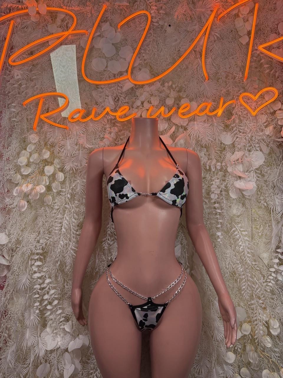 Cow Print Exotic Dancewear - Two Piece Bodysuit Festival Outfit, EDM Dancewear, Party Clubwear