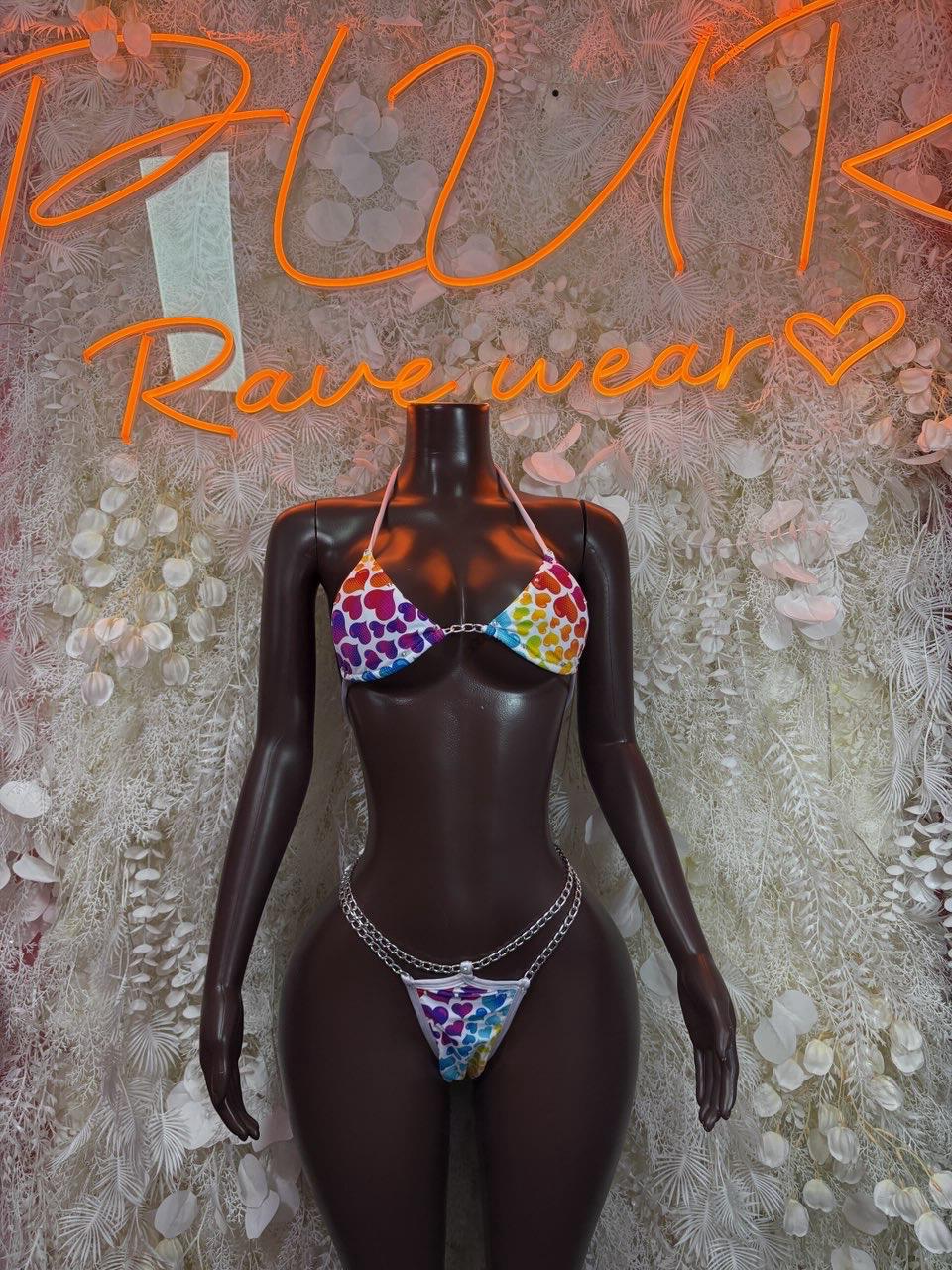 Two-piece bodysuit set: heart print bra and thong, multicolor