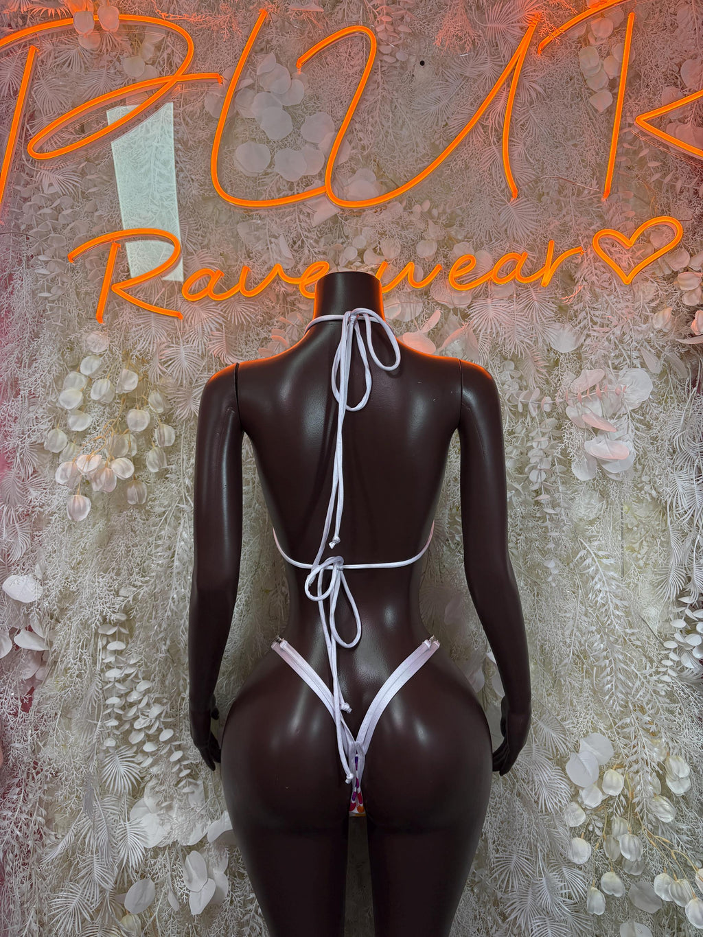 Back view two-piece bodysuit set with heart print bra and thong, multicolor