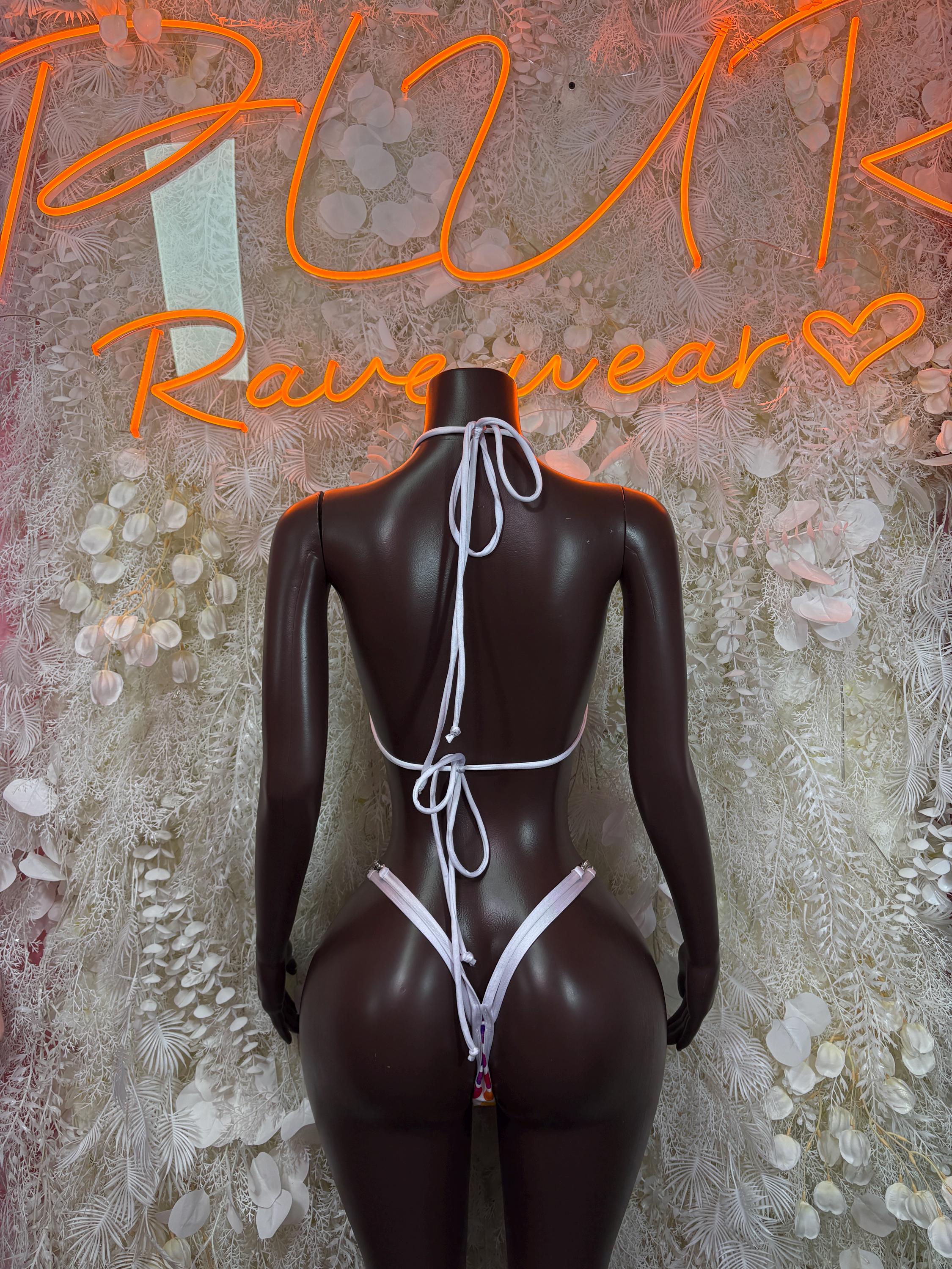 Back view two-piece bodysuit set with heart print bra and thong, multicolor