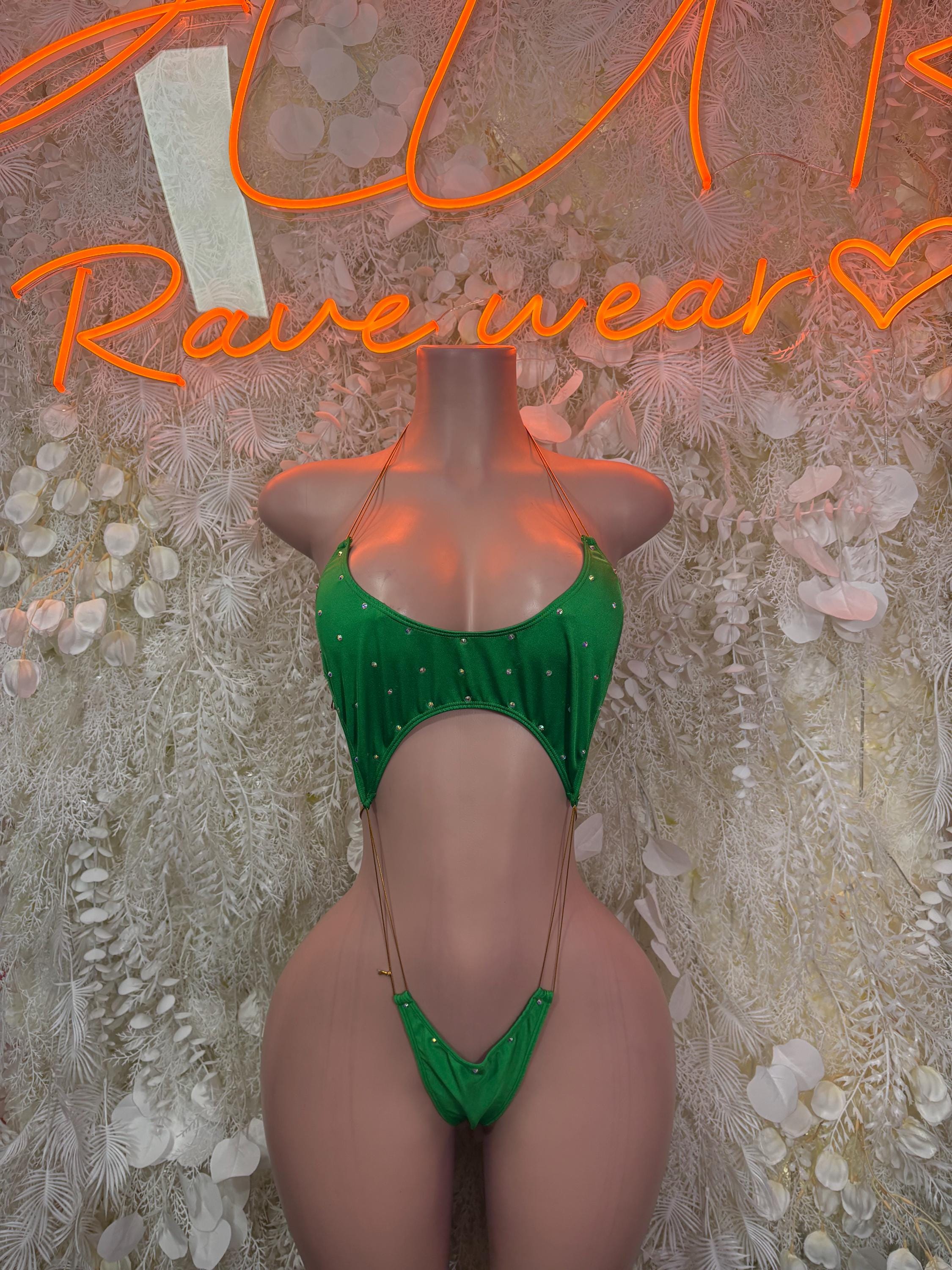 Green glitter bodysuit with halter straps and thong-style back