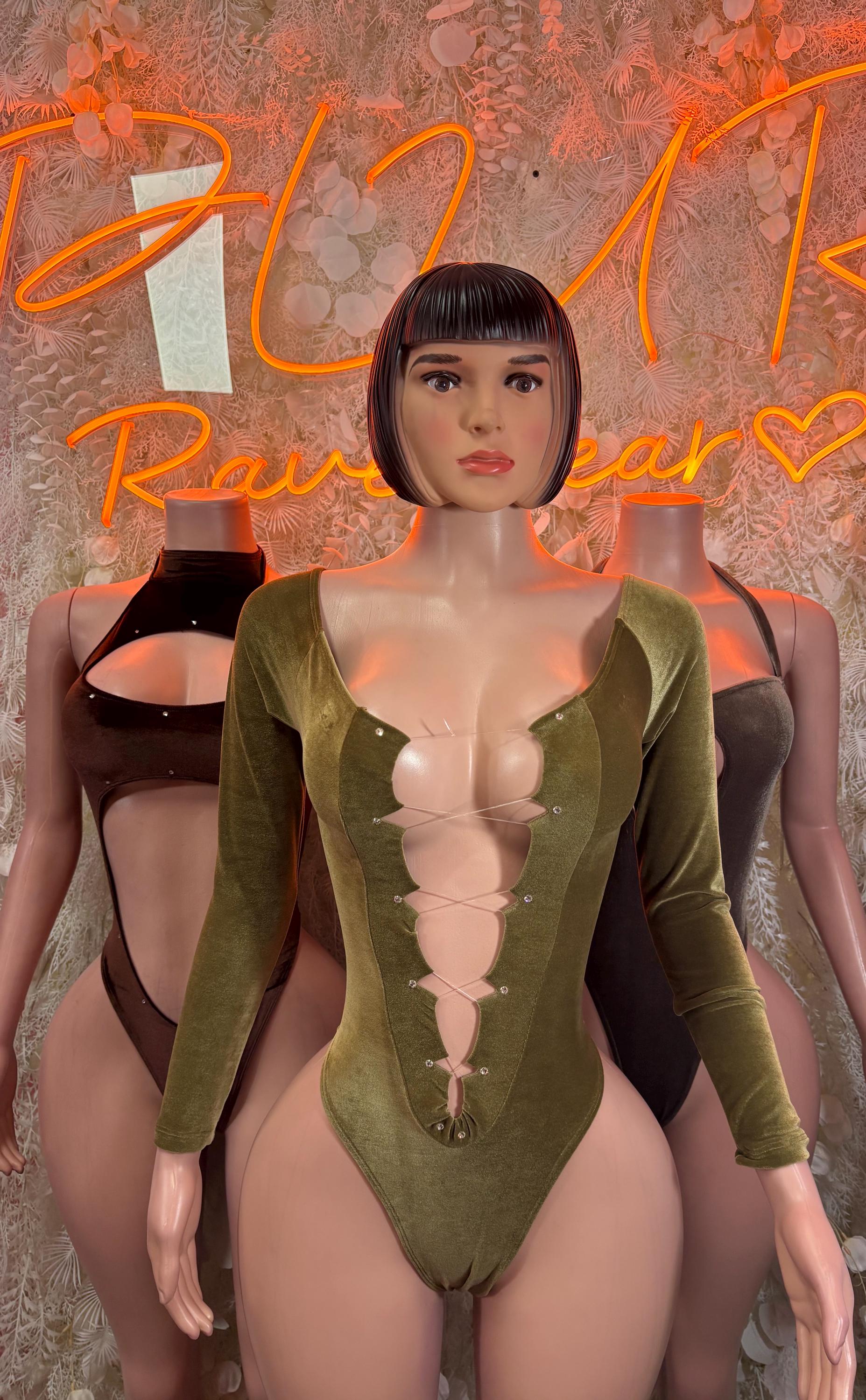 Olive green velvet bodysuit with deep V neckline, long sleeves, high-cut one-piece
