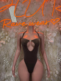 Velvet bodysuit with high-cut front, keyhole neckline, sleeveless, dark brown.