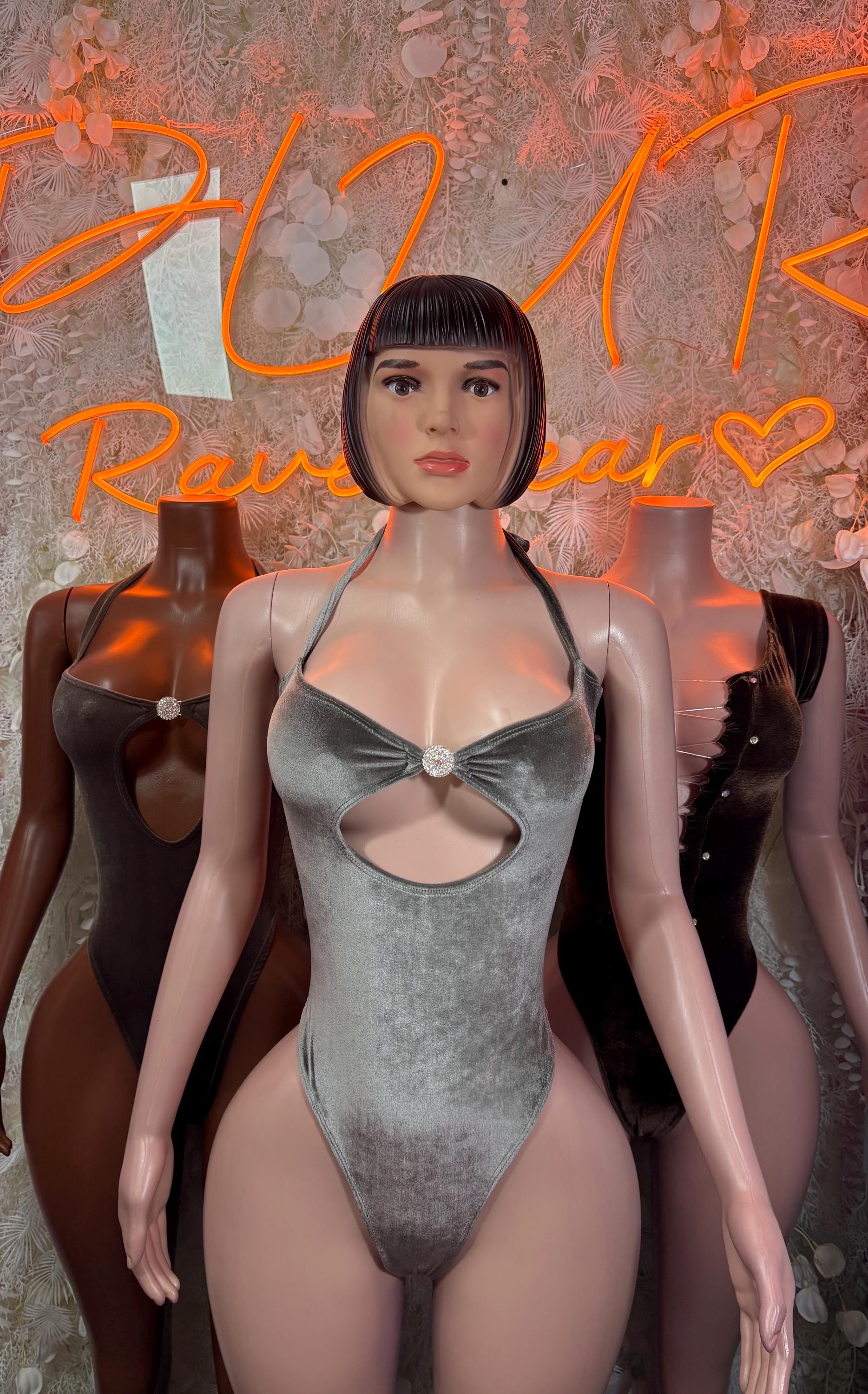 Silver metallic velvet bodysuit with halter neck and center-ring detail
