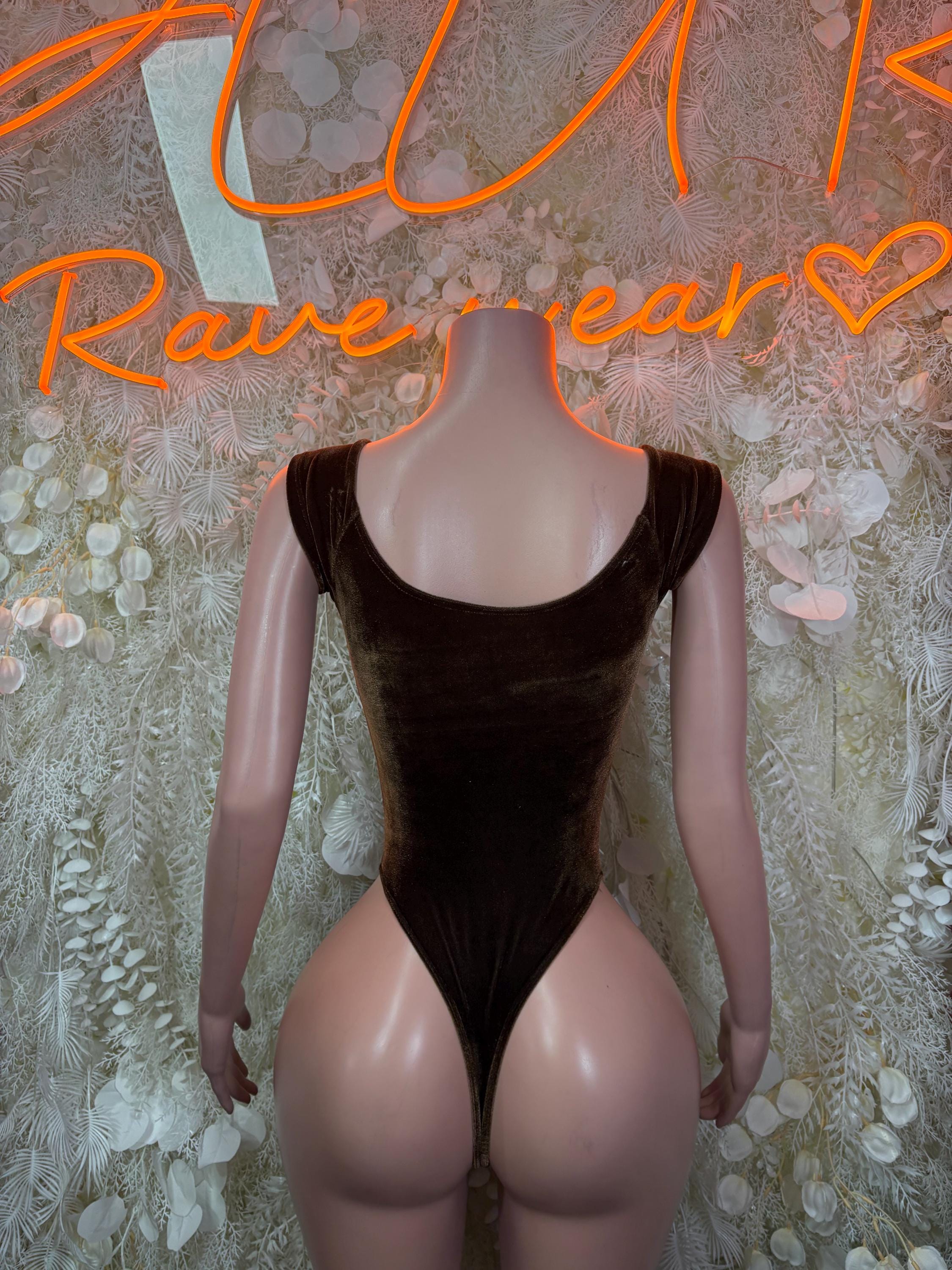 Dark velvet bodysuit with scoop neckline and racerback straps