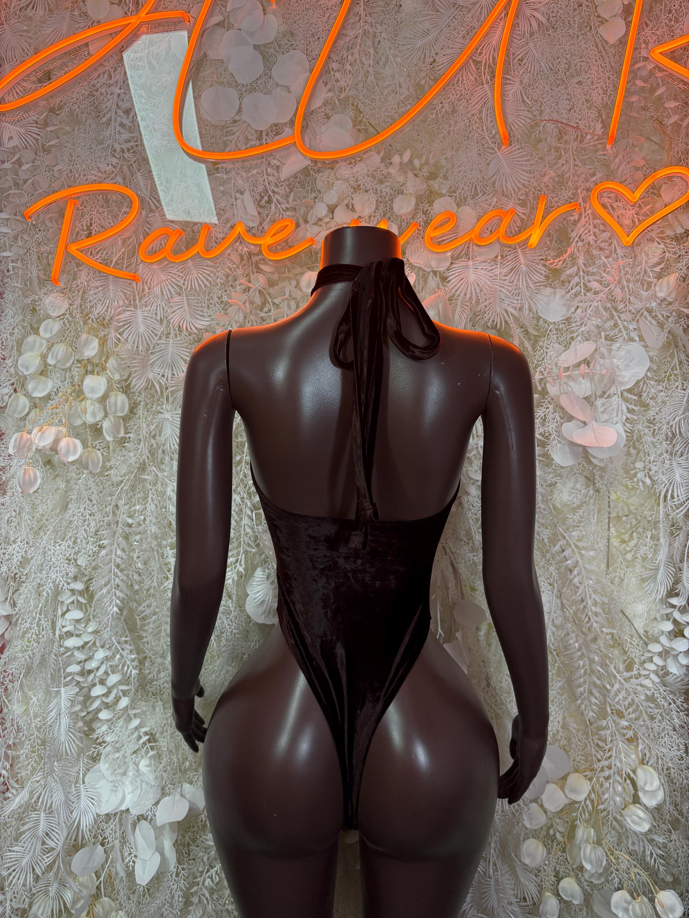 Dark brown velvet bodysuit, back view, high neck and vertical keyhole cutout