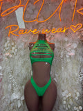 Green halter rave bodysuit with cutout neckline and thin straps