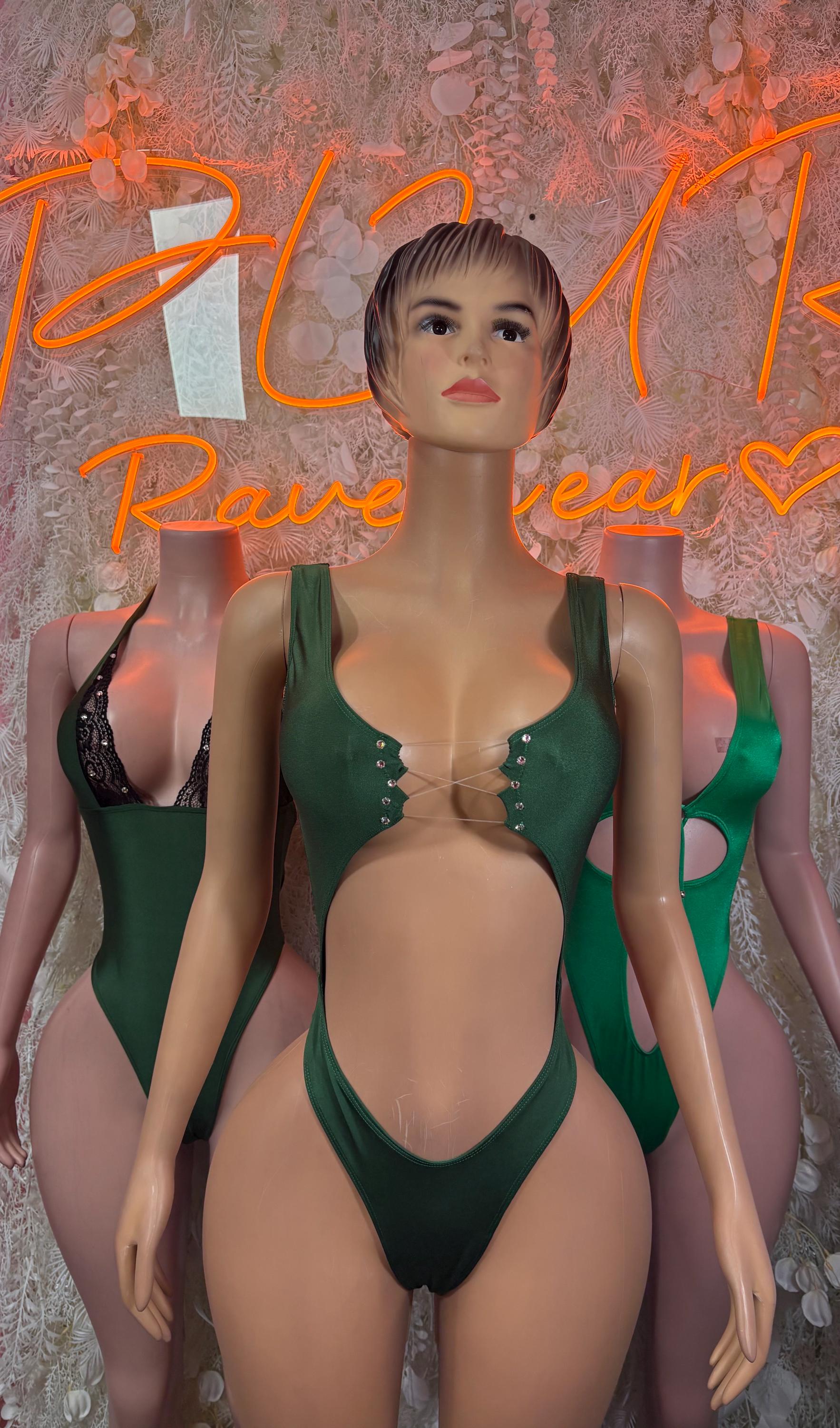 Green festival bodysuit, one-piece with plunging neckline and chest eyelet detail