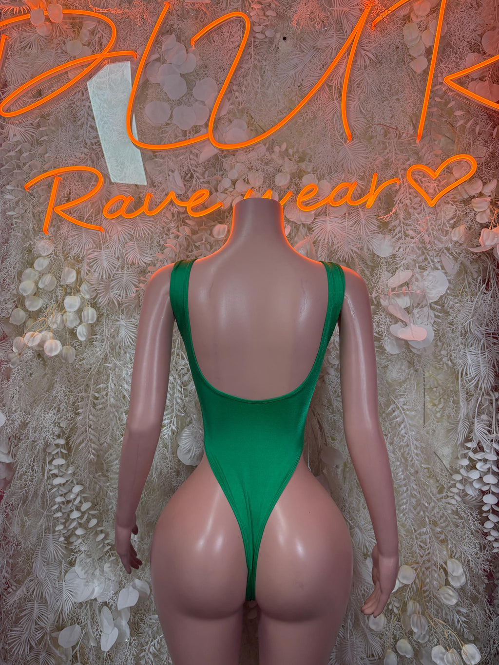 Green festival bodysuit, one-piece with open back and thin shoulder straps