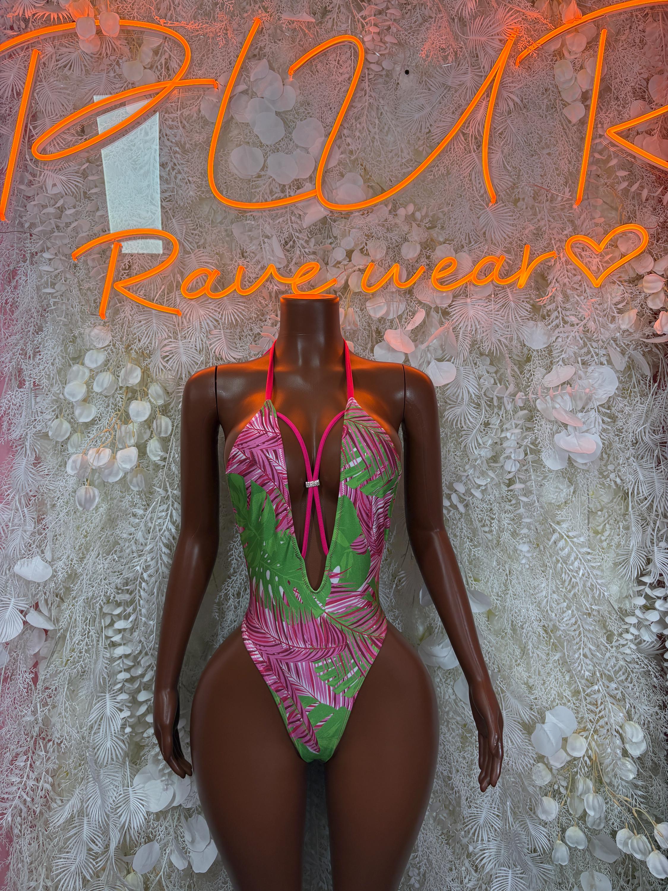 Multicolor one-piece rave bodysuit, halter front, zip detail