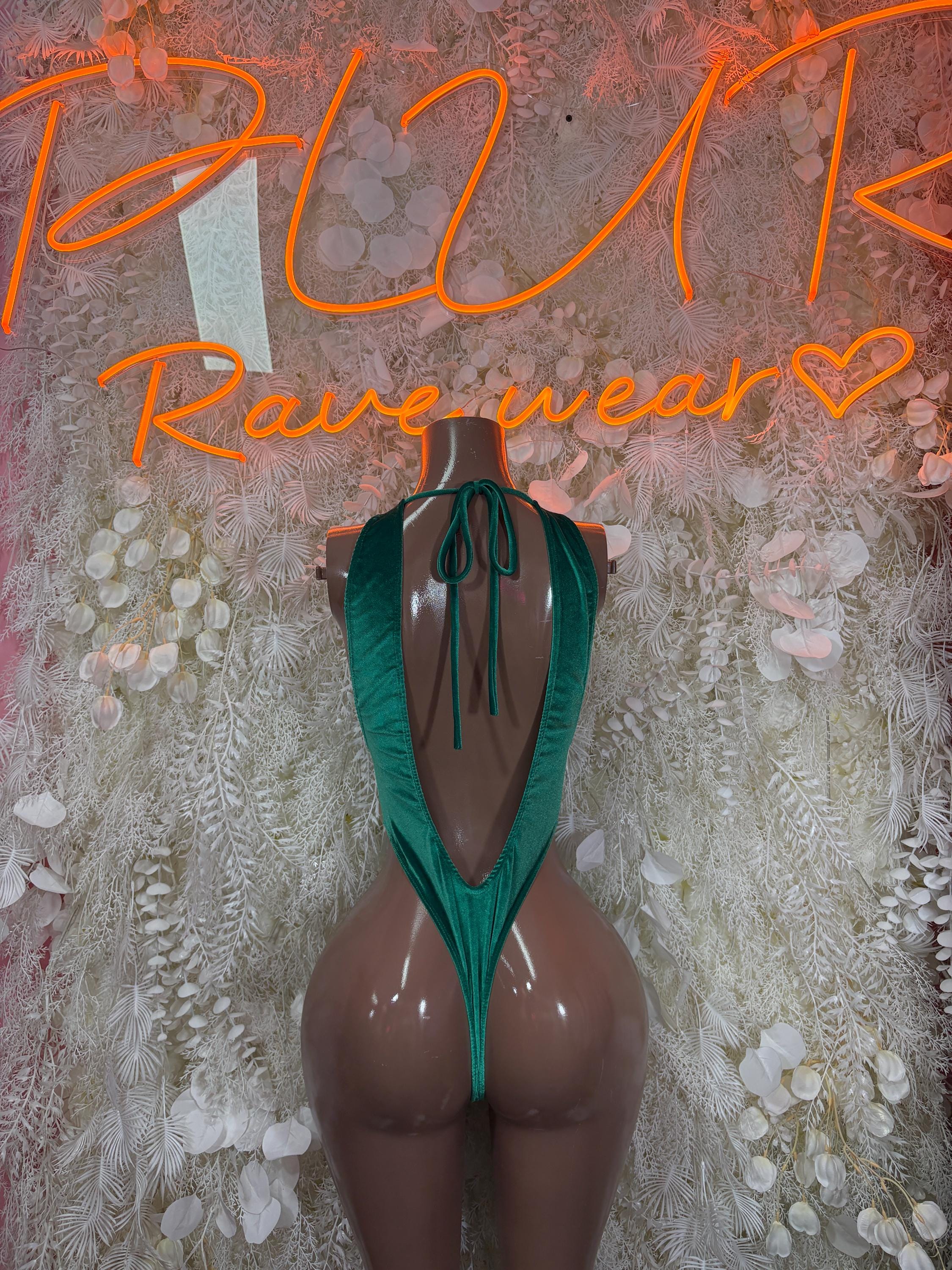 Green velvet bodysuit with open back, crisscross straps, deep V back, one-piece