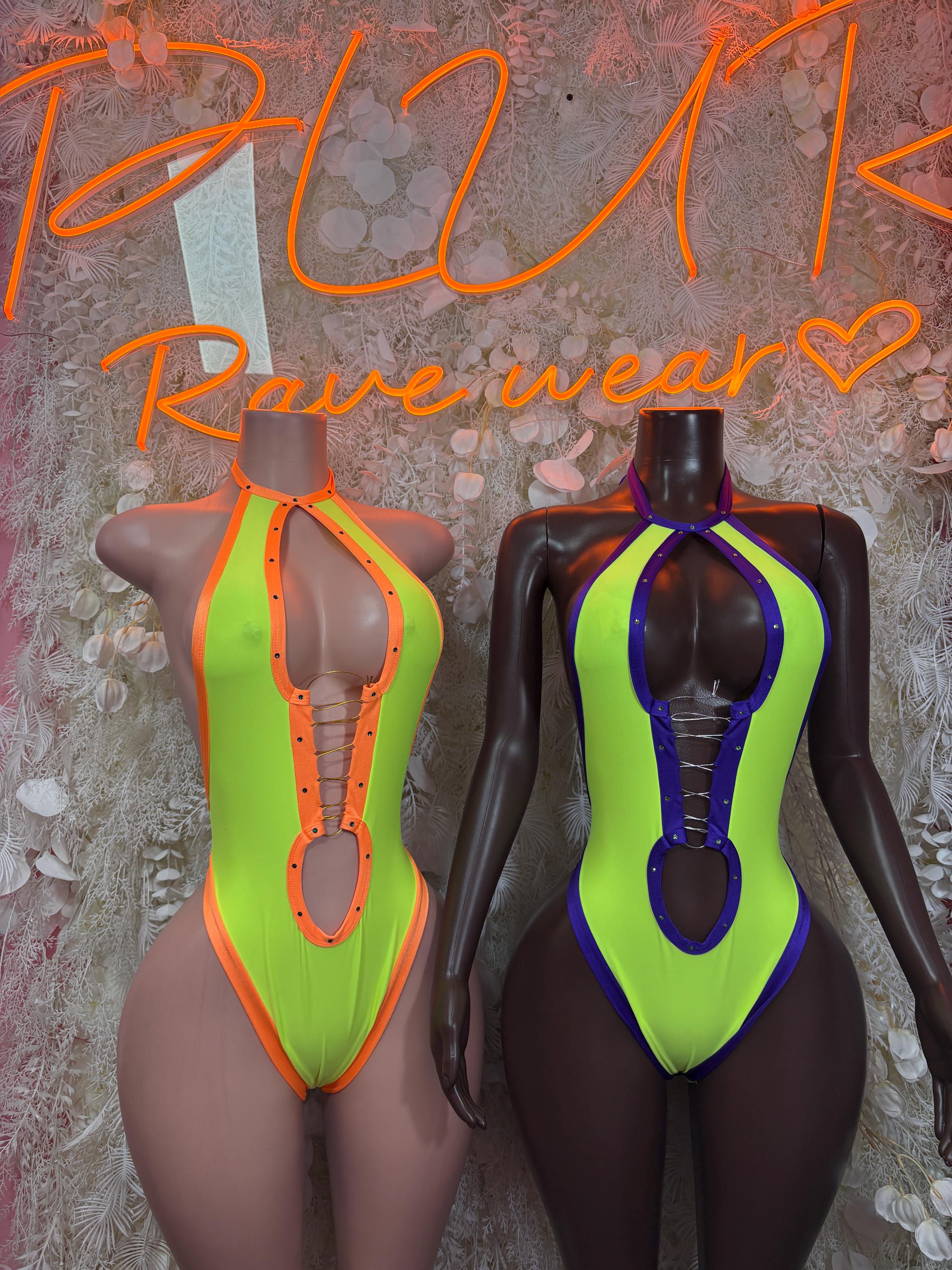 Two neon bodysuits: green/orange and black/blue, both with high-cut cutouts
