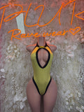 Yellow metallic bodysuit with black trim, keyhole front and scoop back cutout