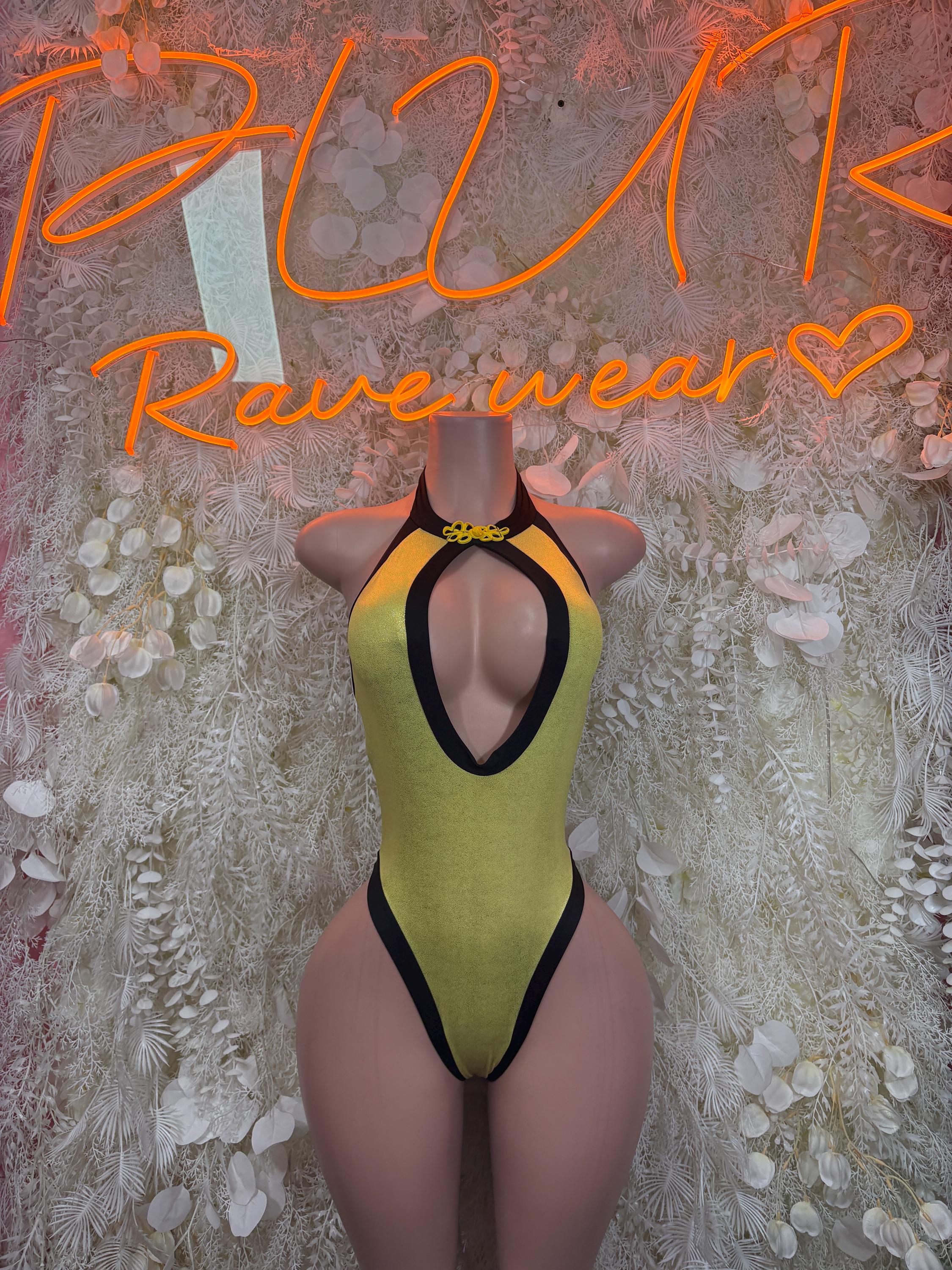 Yellow metallic bodysuit with black trim, keyhole front and scoop back cutout