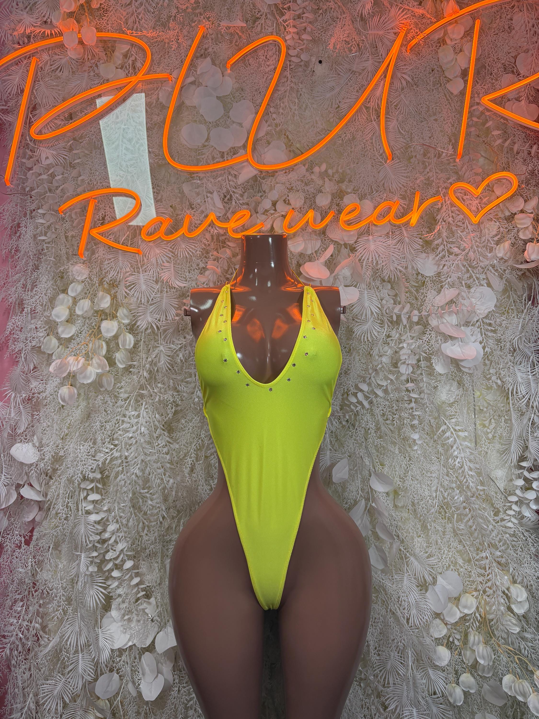 Yellow bodysuit with black trim, V-neck front and high-cut legs