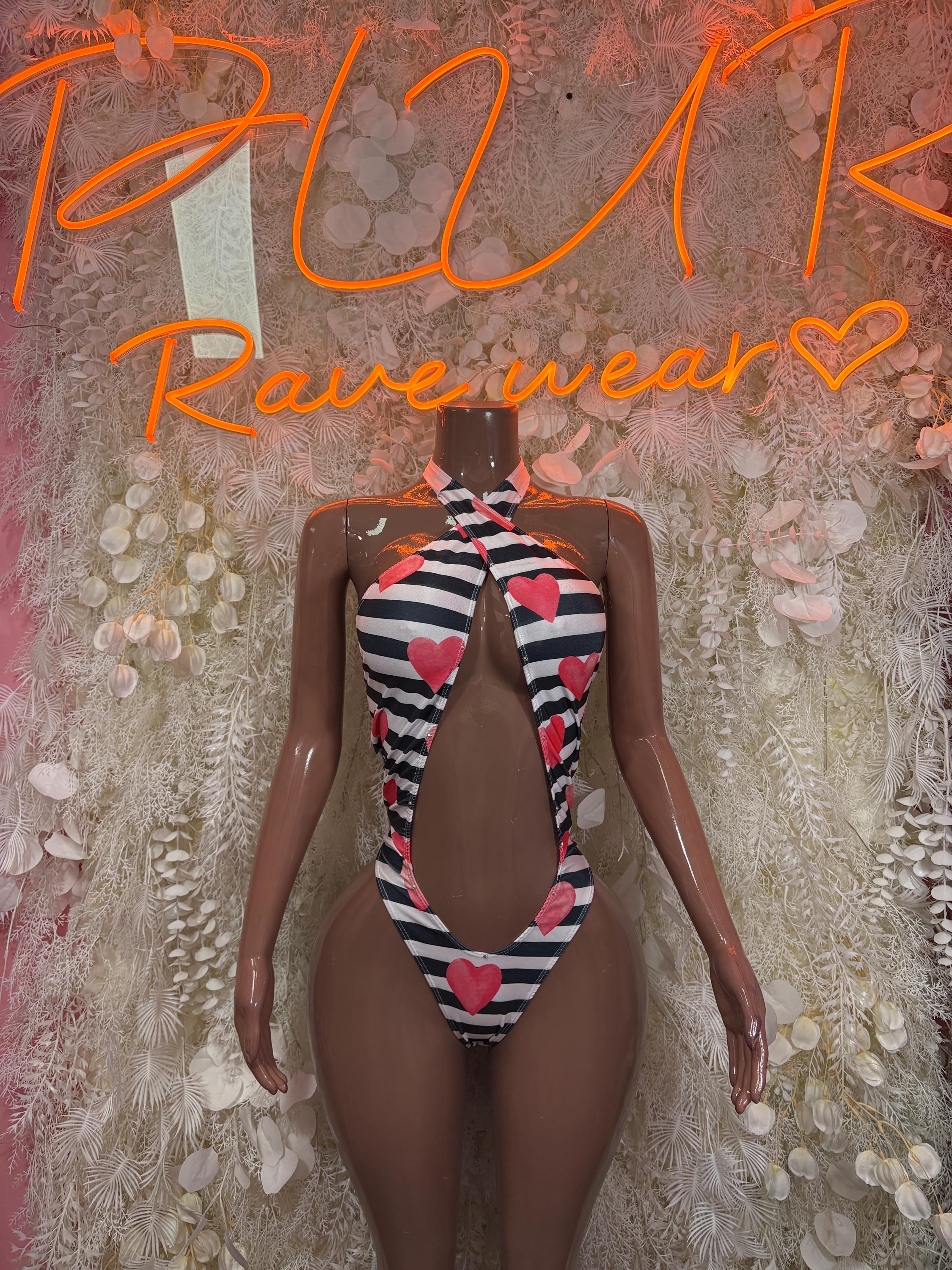 Heart-print striped one-piece dancewear, halter neck with front cutout and red hearts