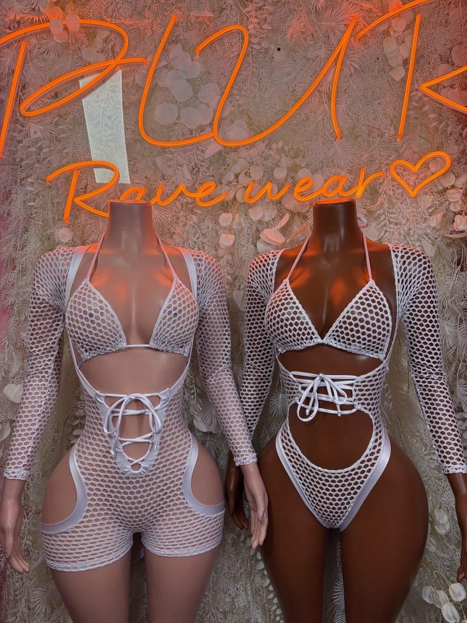 White fishnet bodysuits with lace-up front cutouts and long sleeves