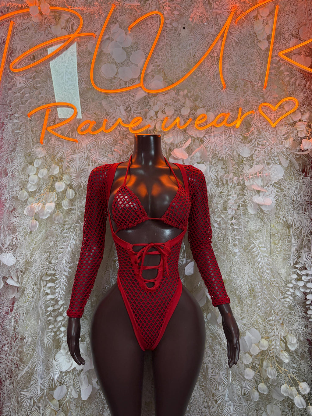 Bottlegirl Red Fishnet Bodysuit - Bottle Service Outfit, Rave Festival Clubwear One Piece Dancewear