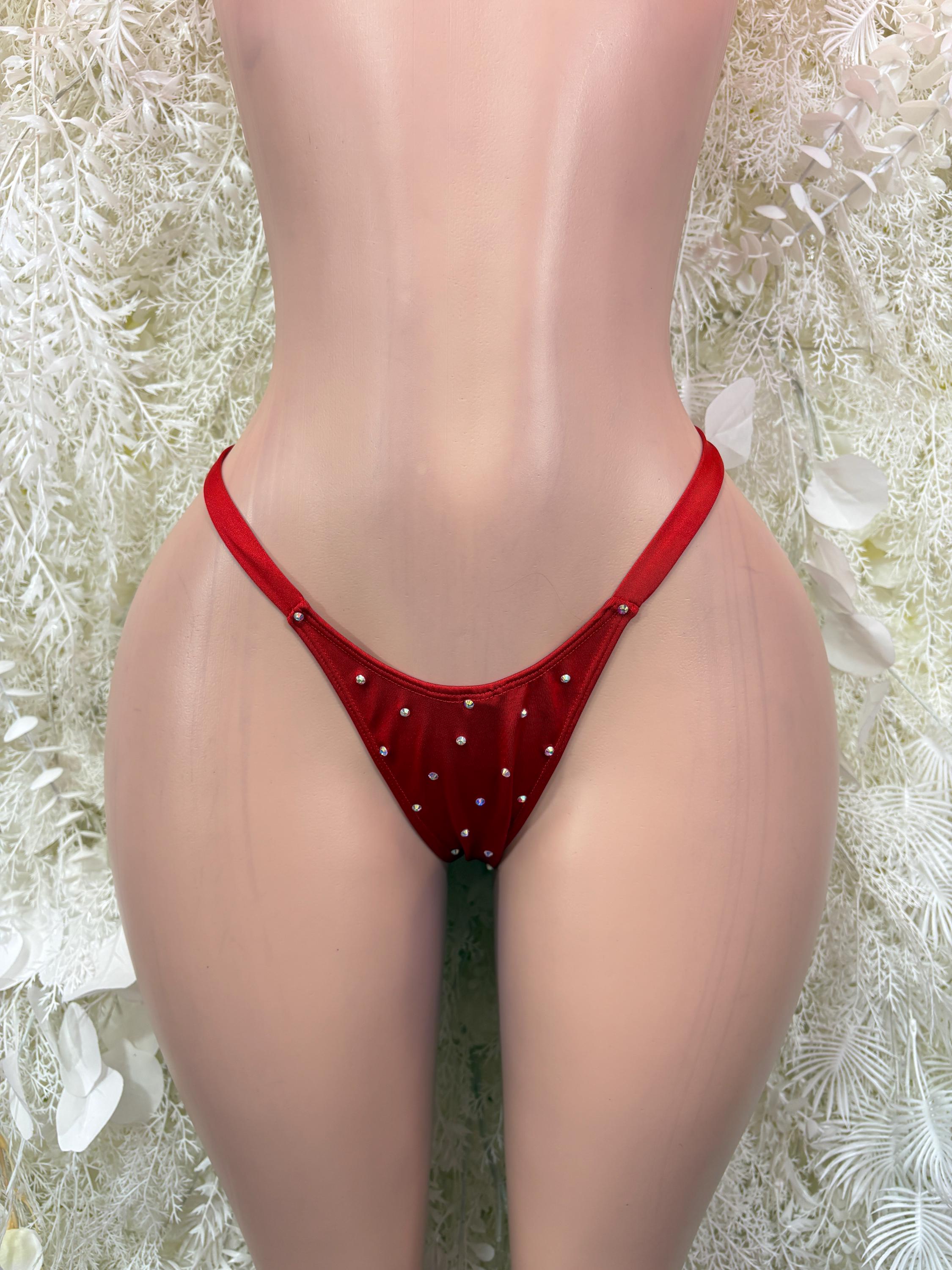 Red thong underwear with small V front and stud accents